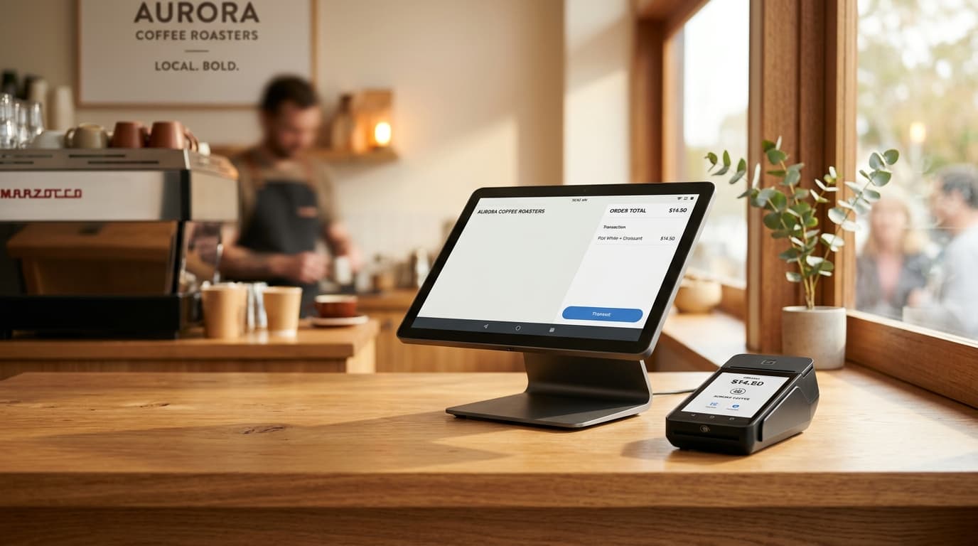 EasyTill Modern Counter POS and Smart EFTPOS in a sunlit Australian cafe